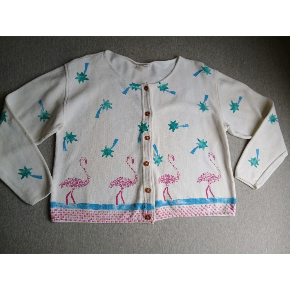 Campers Cardigan Medium Hand Painted Flamingo Terry Resort Beach Cruise VTG USA